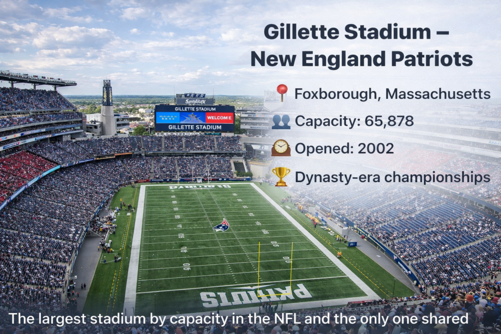 Aerial view of Gillette Stadium in Foxborough, Massachusetts, home of the New England Patriots, showing the full football field, seating bowl, and stadium details including capacity of 65,878, opened in 2002, and dynasty-era championships.