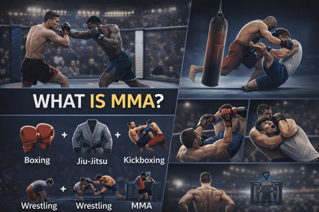 MMA combines several combat styles — including boxing, wrestling, jiu-jitsu, kickboxing, and more — into one unified sport. Fighters compete inside a cage or ring, and the goal is simple: win using strategy, skill, and control — not chaos.
