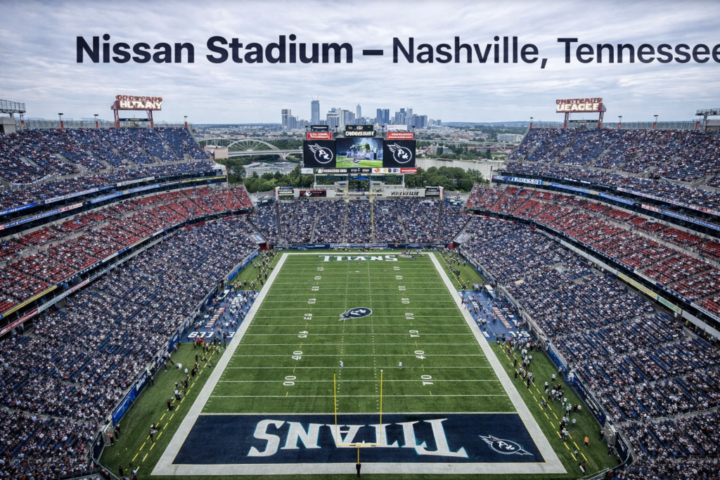 Wide-angle view of Nissan Stadium in Nashville, Tennessee, home of the Tennessee Titans, showing the full football field, packed seating sections, large video boards, and the Nashville skyline in the background.