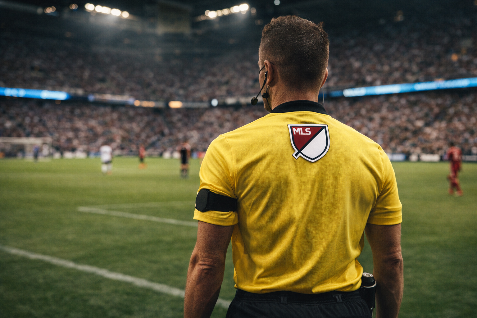 MLS soccer referee officiating a professional match in the United States, wearing official yellow uniform on the field