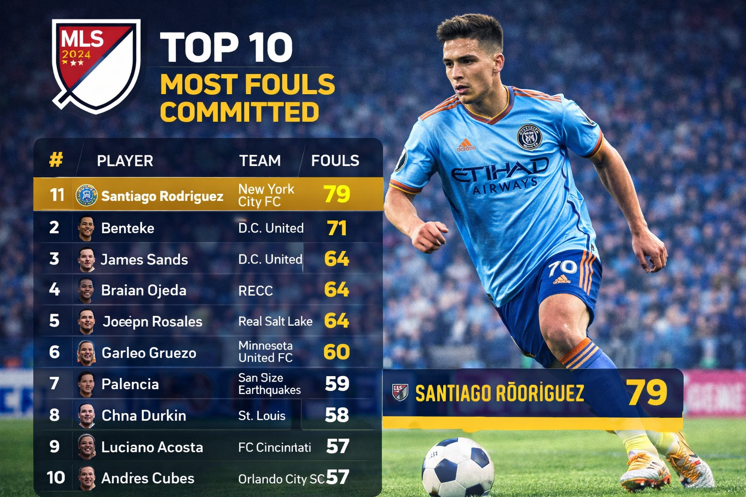 Top 10 MLS Players With the Most Fouls Committed in 2024