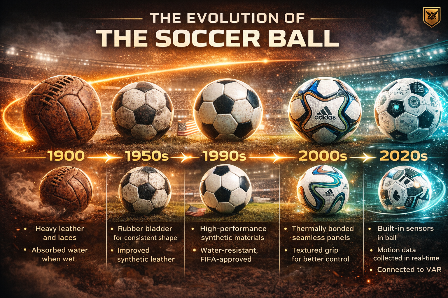 827259AB-233D-4840-93AC-5E6213A511A2 Epic infographic showing the evolution of the soccer ball from the 1900s to the 2020s, highlighting design changes, materials, technology, and performance improvements in U.S. soccer history.