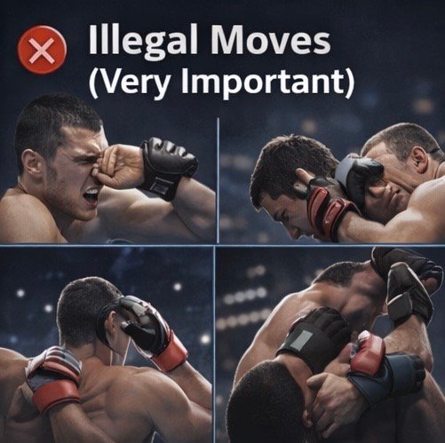 Illustrated examples of illegal MMA moves including eye pokes, groin strikes, headbutts, biting, and strikes to the back of the head.