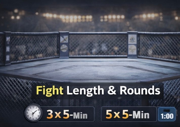 Infographic showing MMA octagon with text explaining fight length: standard fights 3 rounds, title fights 5 rounds, each round 5 minutes, 1-minute rest breaks.