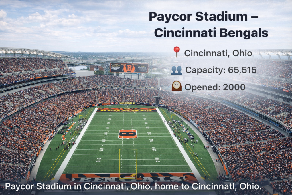 Wide-angle view of Paycor Stadium in Cincinnati, Ohio, home of the Cincinnati Bengals, showing the full football field, seating bowl, and stadium architecture, opened in 2000 with a capacity of 65,515 fans.
