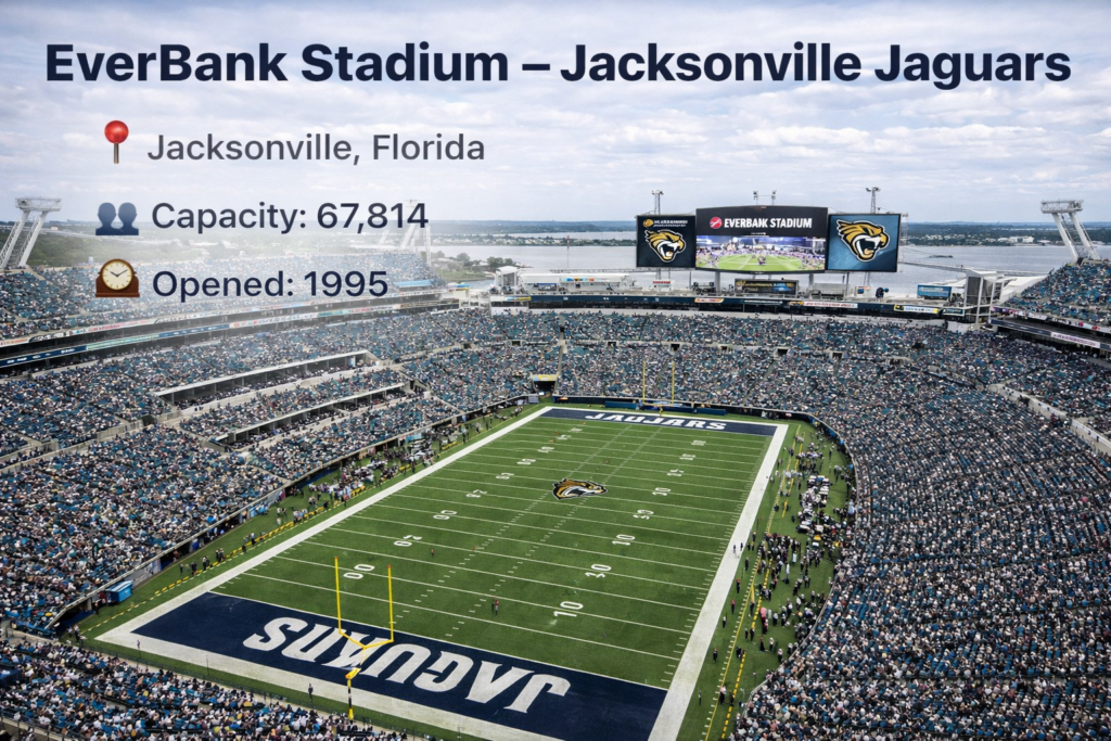 Aerial view of EverBank Stadium in Jacksonville, Florida, showing the full football field with Jacksonville Jaguars branding, packed stands, large video boards, and the surrounding city and river in the background.