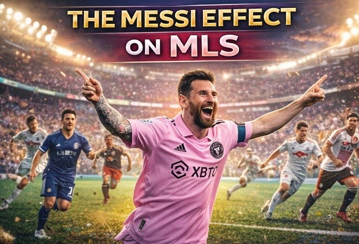 Lionel Messi scoring in MLS while fans celebrate, representing the Messi effect on Major League Soccer