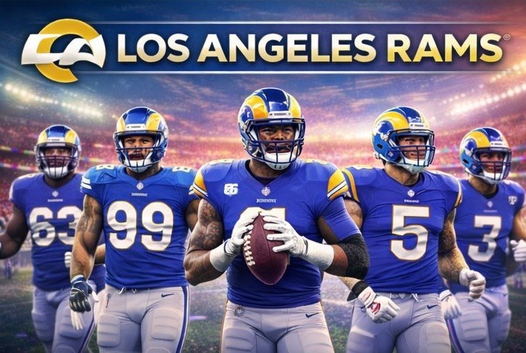 Los Angeles Rams players holding a football on the field, wearing blue and yellow uniforms in a modern NFL stadium