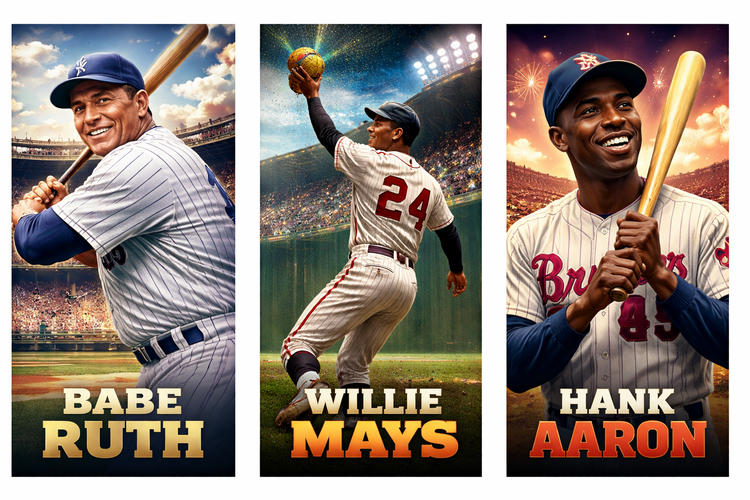 Three of the greatest baseball players in history — Babe Ruth, Willie Mays, and Hank Aaron — representing different eras of Major League Baseball excellence.