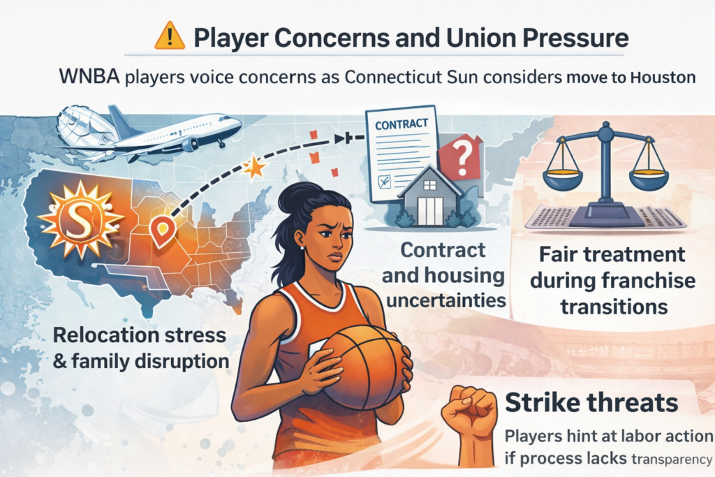 Infographic showing WNBA player concerns and union pressure over a potential Connecticut Sun relocation to Houston, highlighting relocation stress, contract and housing uncertainties, fair treatment during franchise transitions, and possible labor action.