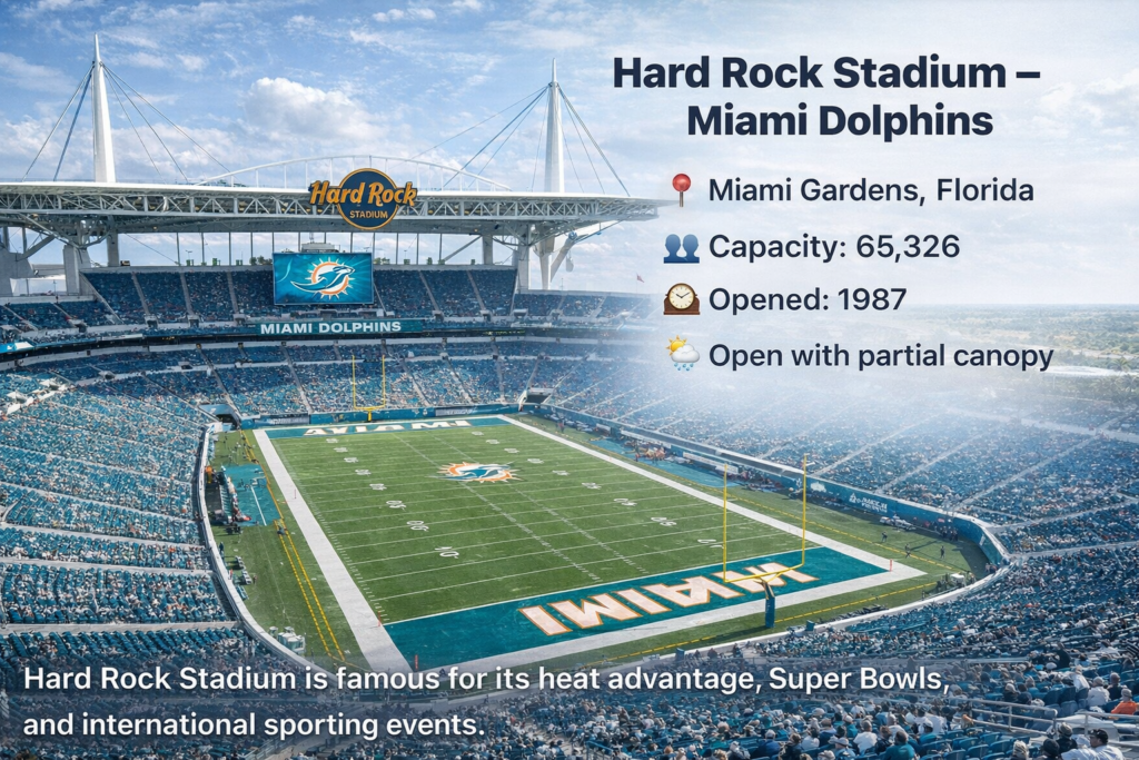 Hard Rock Stadium in Miami Gardens, Florida, home of the Miami Dolphins, showing the full NFL field, partial canopy roof, seating areas, and stadium details including capacity of 65,326 and opening year 1987.