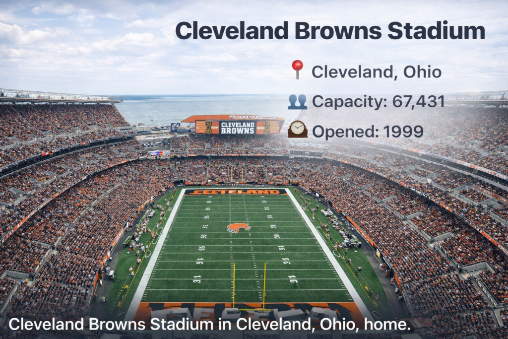 Cleveland Browns Stadium in Cleveland, Ohio, full field view showing packed stands, NFL football field, and stadium details including capacity of 67,431 and opening year 1999.