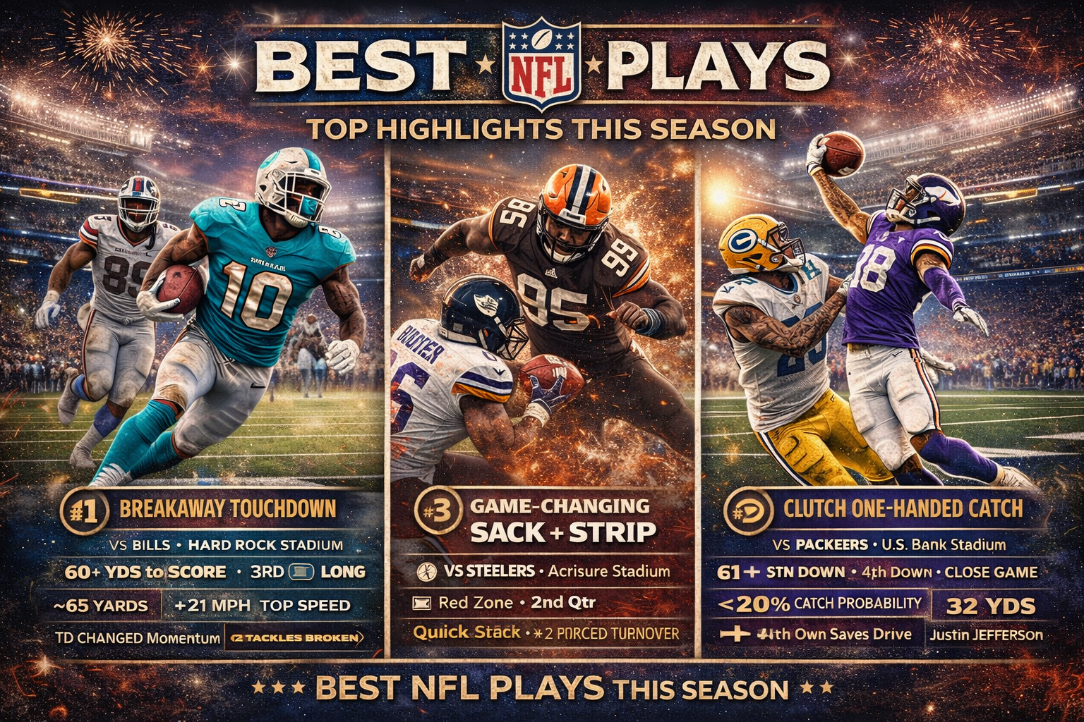 Best NFL plays infographic showing Tyreek Hill 60-yard touchdown, Myles Garrett sack and forced fumble, and Justin Jefferson one-handed catch with game context, stadiums, and key statistics