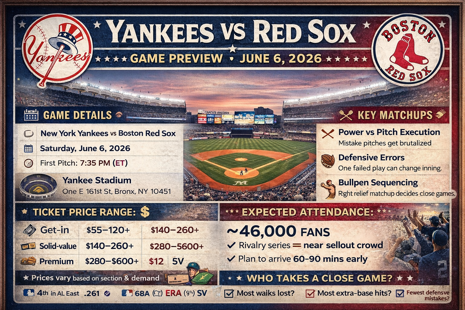 Yankees vs Red Sox MLB game preview graphic showing date June 6 2026, 7:35 PM ET, Yankee Stadium, ticket price range, attendance forecast and key matchup statis