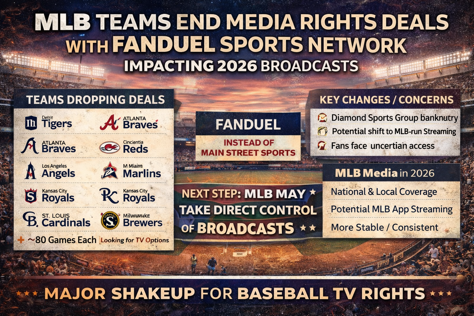 262838E1-A511-4624-B3F0-9D1D95CCC674 Infographic explaining MLB’s 2026 local TV shake-up as nine teams end FanDuel Sports Network deals, highlighting affected teams and potential MLB-run broadcas