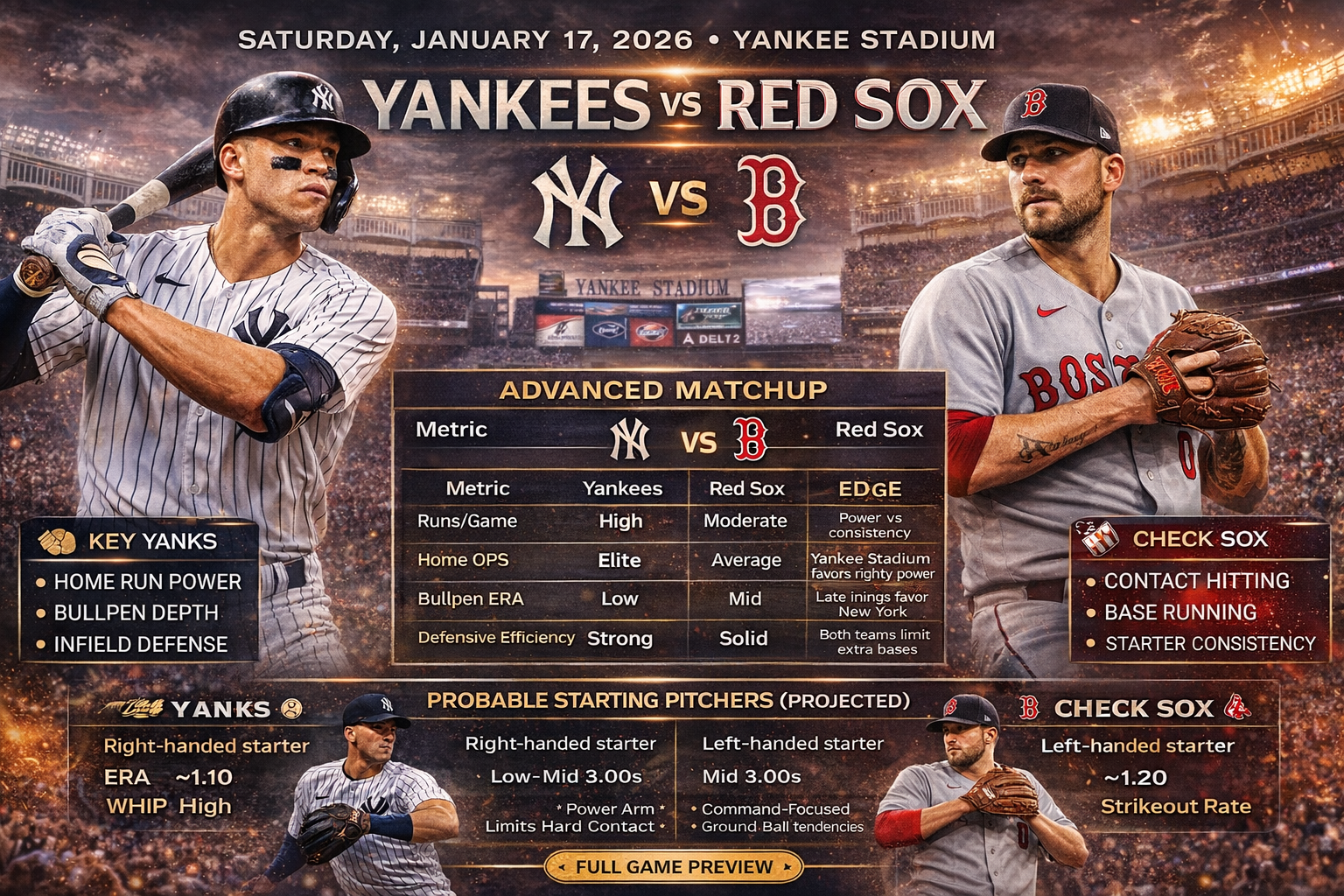 Epic horizontal MLB game preview graphic for Yankees vs Red Sox on January 17, 2026, showcasing key matchup data, pitching comparison, offensive strengths, bullpen metrics, and rivalry highlights at Yankee Stadium in high-quality design
