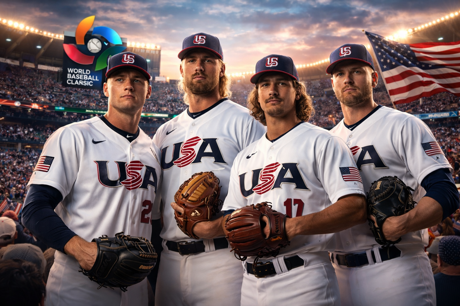 Team USA pitchers standing together at the 2026 World Baseball Classic with packed stadium, American flag, and championship atmosphere