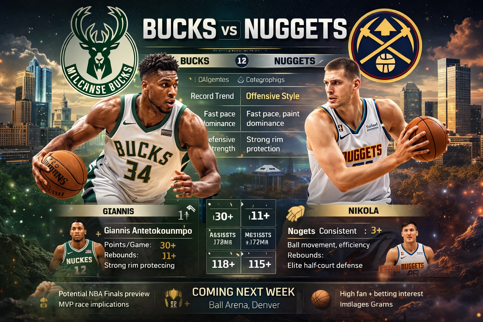 NBA game preview infographic showing upcoming matchup, team records, key players, recent form, and game date in a high-quality horizontal graphic