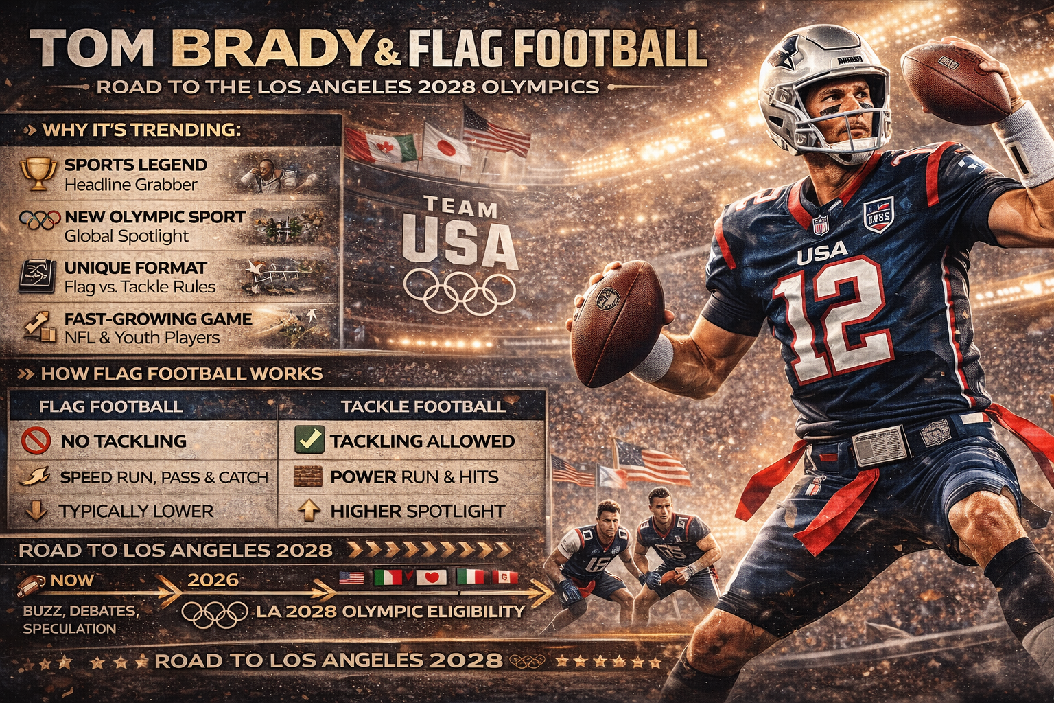 Tom Brady linked to flag football ahead of LA 2028 Olympics, infographic showing flag football rules, NFL crossover potential, and Olympic timeline.