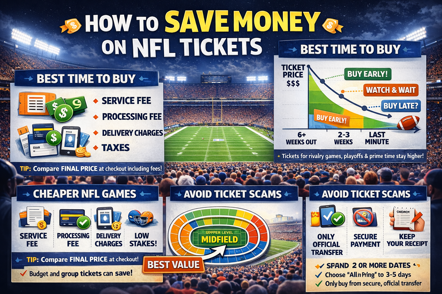 Infographic showing how to buy cheaper NFL tickets, including best time to buy, average ticket prices, cheapest seat sections, hidden fees breakdown, and tips to save money on NFL games, presented in a high-quality horizontal design.