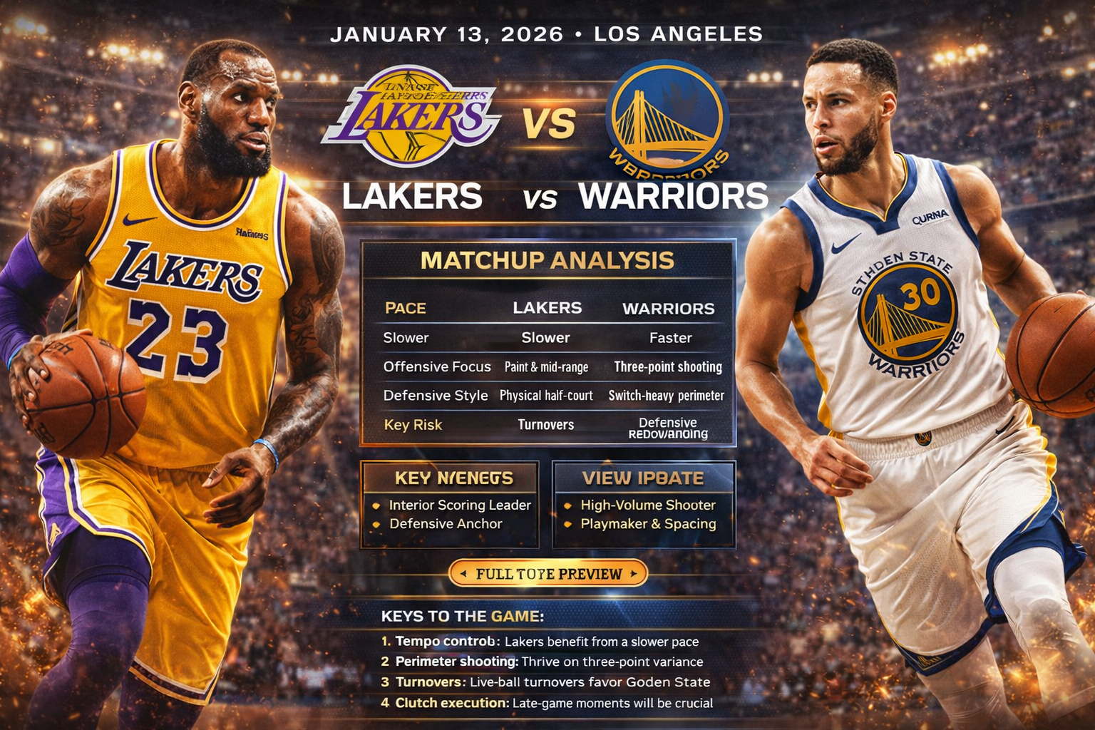 Epic horizontal NBA game preview graphic for Lakers vs Warriors on January 13, 2026, highlighting key matchup data, team strengths, pace comparison, and star player impact in a high-quality visual design