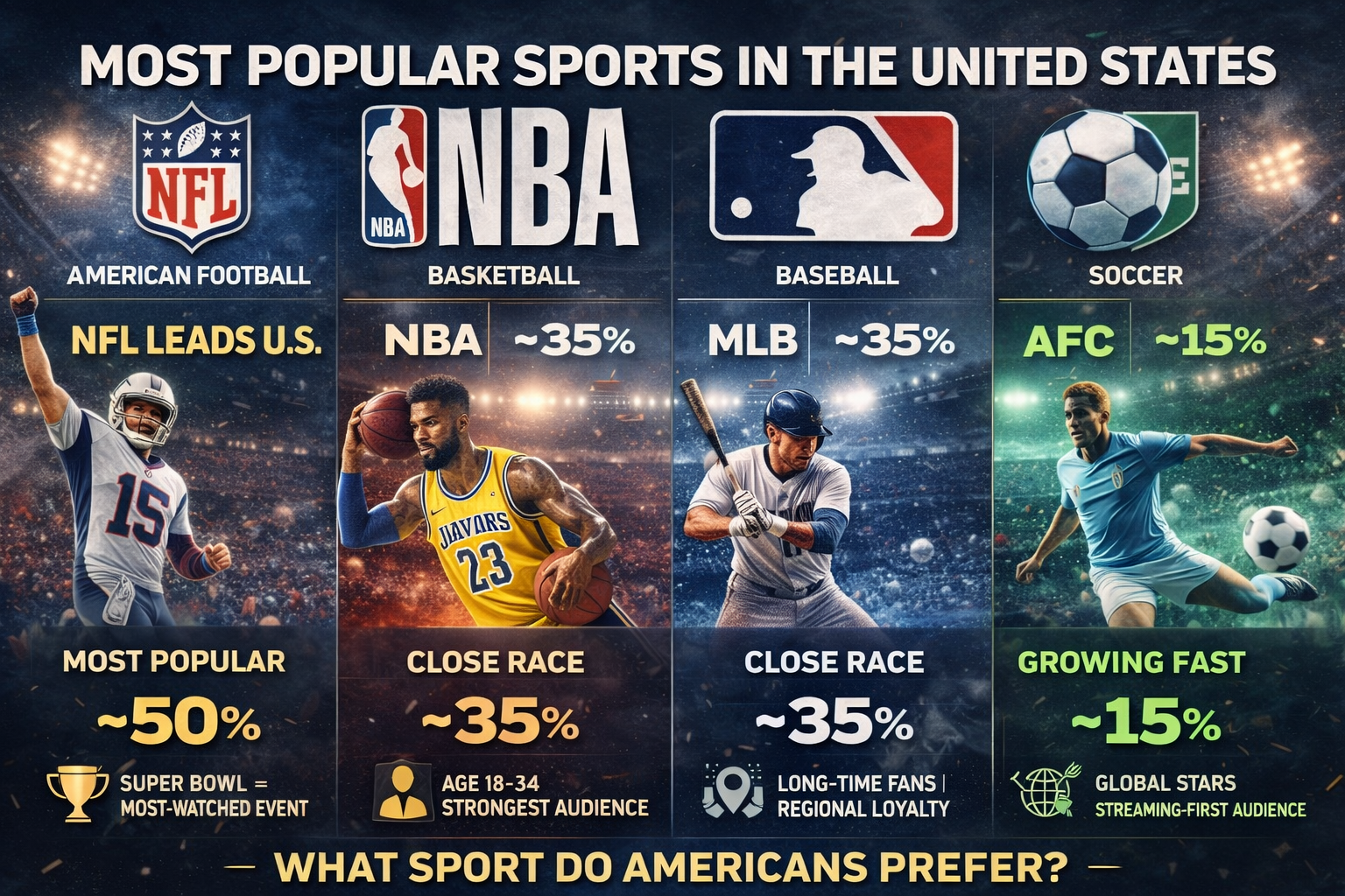 Comparison of the most popular sports in the United States showing NFL, NBA, MLB and Soccer fan preference, viewership and growth trends infographic