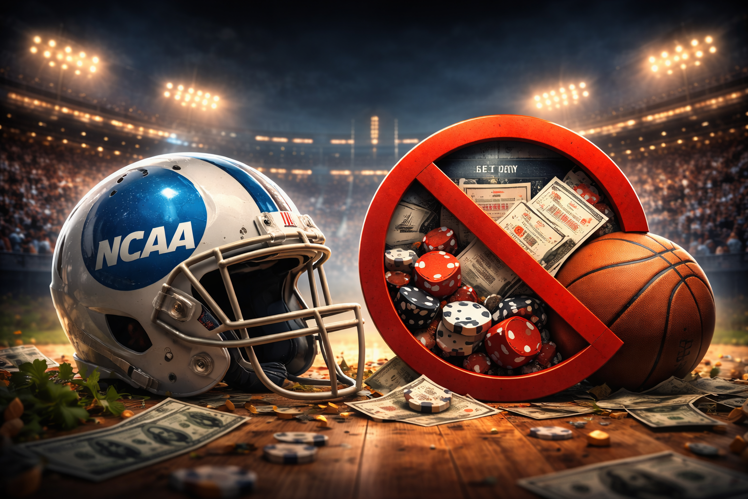 Epic illustration representing NCAA college sports betting rules, with a dramatic stadium background, prohibition symbols, and a serious atmosphere highlighting restrictions for student-athletes in the United States