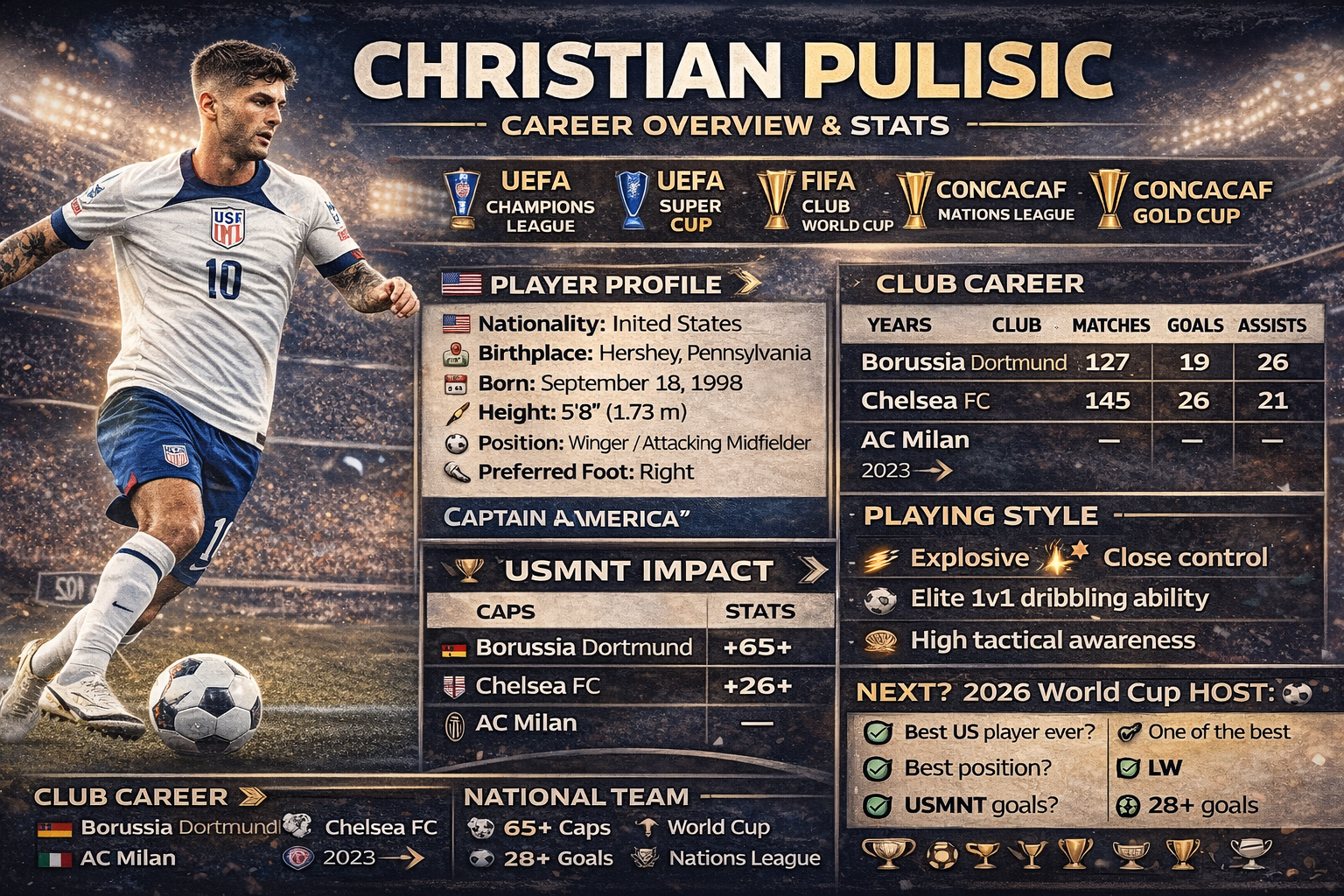 Christian Pulisic, USMNT, American soccer player, Christian Pulisic stats, Pulisic career, AC Milan, Chelsea FC, Borussia Dortmund, US soccer analysis, football statistics, US soccer star, soccer infographic, World Cup 2026, American footballer