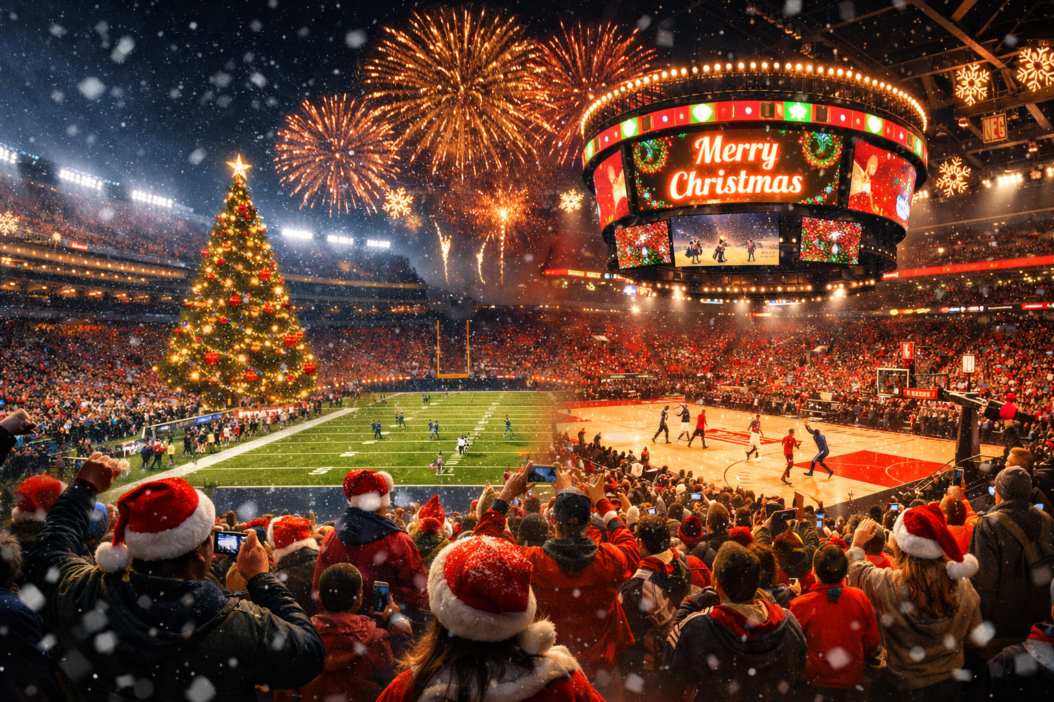 Epic Christmas Day NFL and NBA game with packed stadiums, holiday atmosphere, fans celebrating, and record-breaking US sports viewership