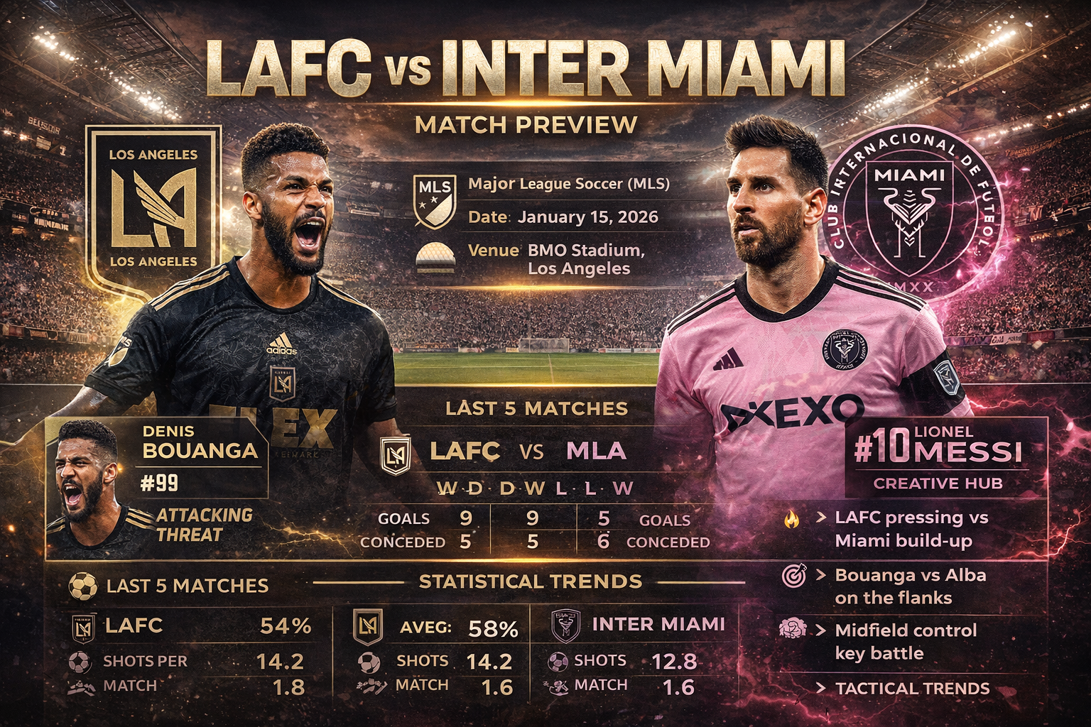 Major League Soccer match preview graphic showing an upcoming USA soccer game, team crests, match date, kickoff time, key player stats, recent form, goals scored, assists, and tactical matchup analysis in a high-quality horizontal design.