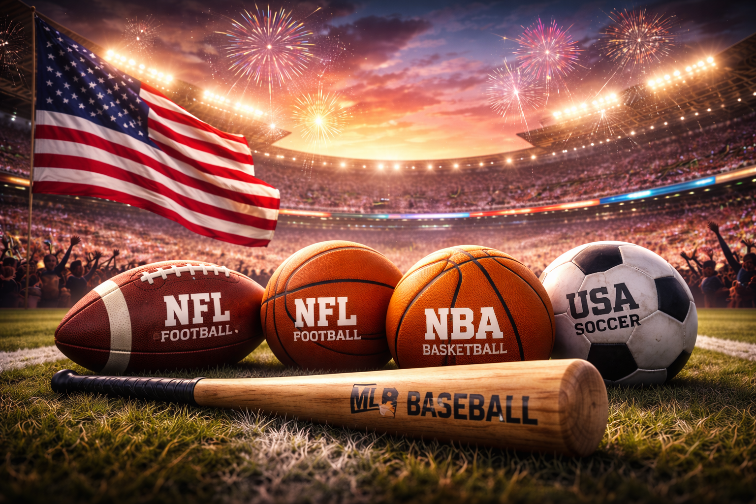 Epic panoramic American sports stadium at sunset with baseball, American football, basketball and soccer ball on the field, fireworks in the sky, United States flag waving, and a packed crowd celebrating the power of US sports culture