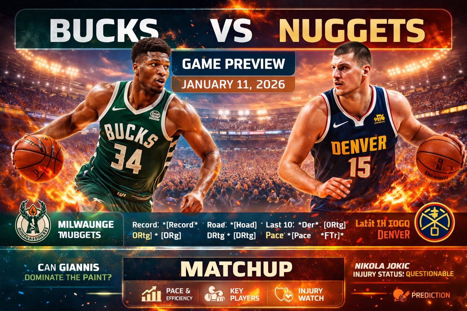 Bucks vs Nuggets game preview January 11 2026 featuring Giannis Antetokounmpo and Nikola Jokic, key matchup stats, injury watch, and NBA showdown graphic