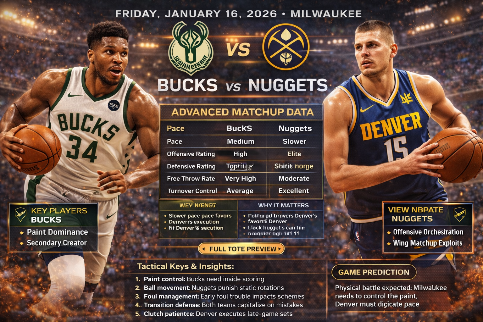 Epic horizontal NBA game preview graphic for Bucks vs Nuggets on January 16, 2026, highlighting advanced matchup data, pace comparison, offensive and defensive strengths, and superstar impact in a high-quality visual