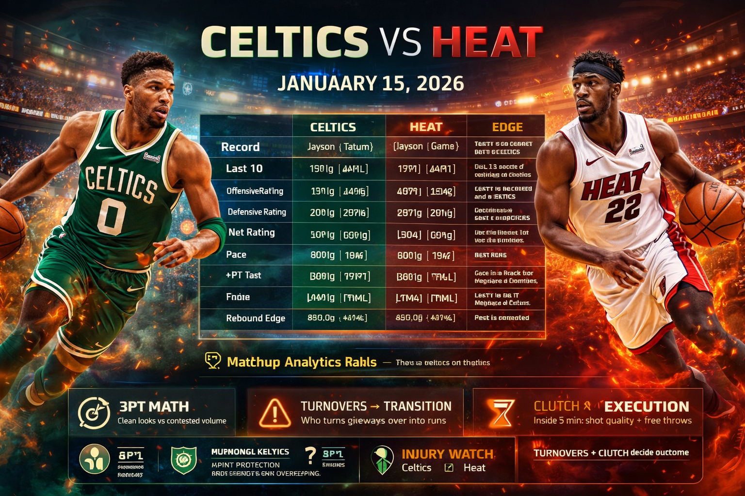 Celtics vs Heat NBA game preview January 15 2026 showing advanced analytics, key matchup stats, player impact indicators, pace comparison, and clutch performance data in an epic horizontal graphic